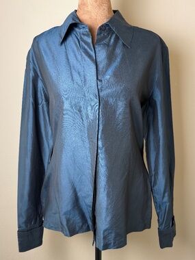 Vintage Express 100% Silk Shirt Womens 7/8 Blue Blouse Top 90s Y2K Iridescent